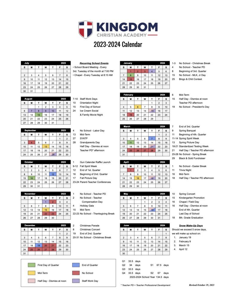 2023-2024 KCA Calendar - Approved 2023-10-19