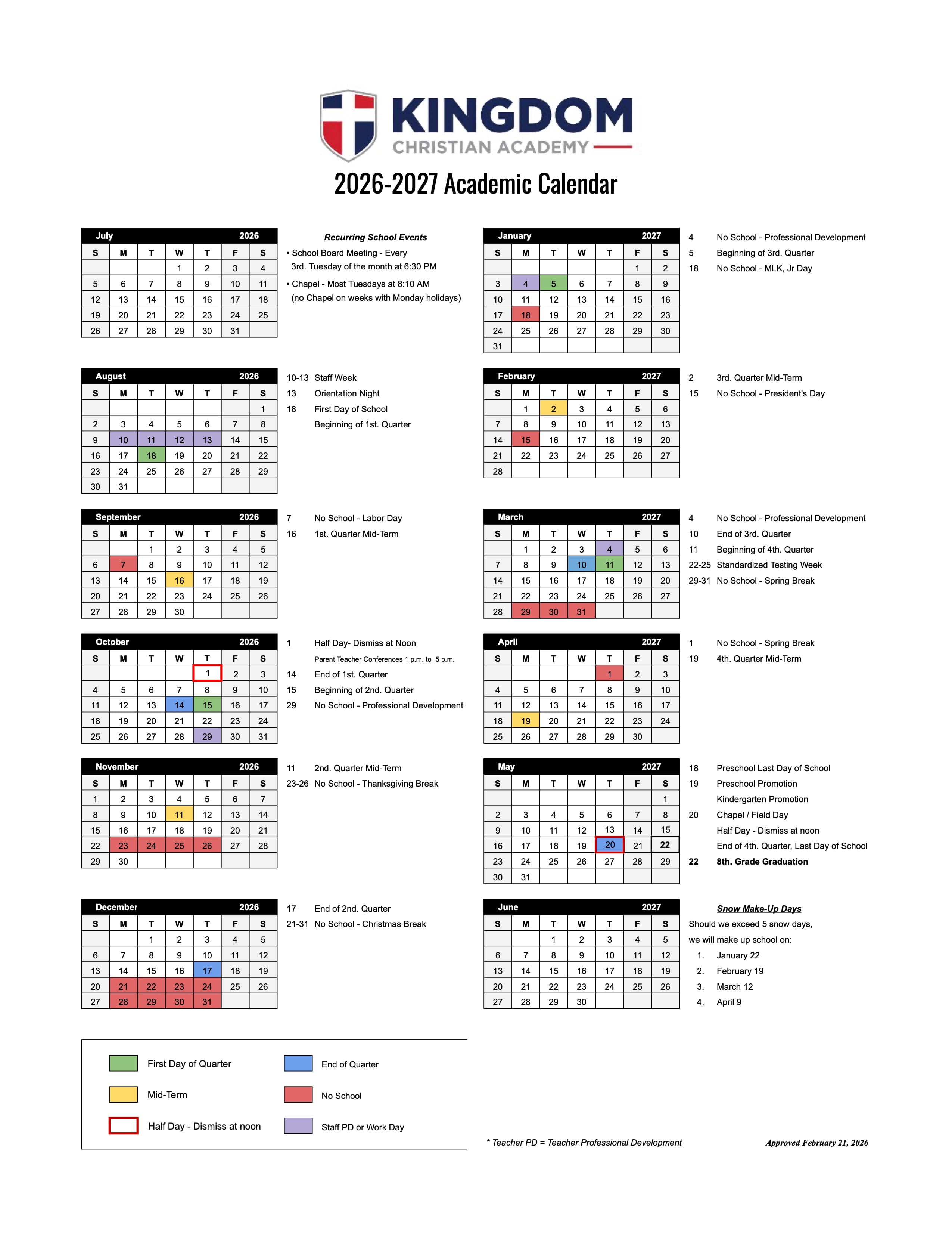 2026-2027 KCA Calendar Image
